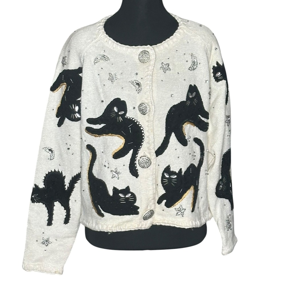 Vintage Michael Simon Celestial Black Cat Beaded Cardigan Cream Silver Large
